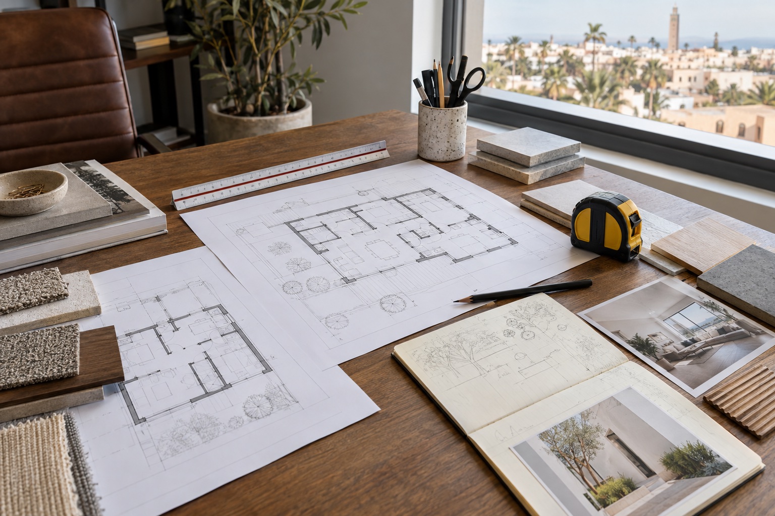 Visuel d’illustration de plans d’architecture, d’une règle et d’échantillons de matériaux sur une table de travail